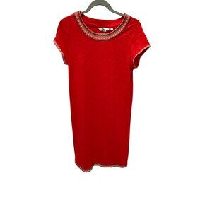 Boden Red Dress With Multicolor Embroidered Neckline & Hem Details size 4